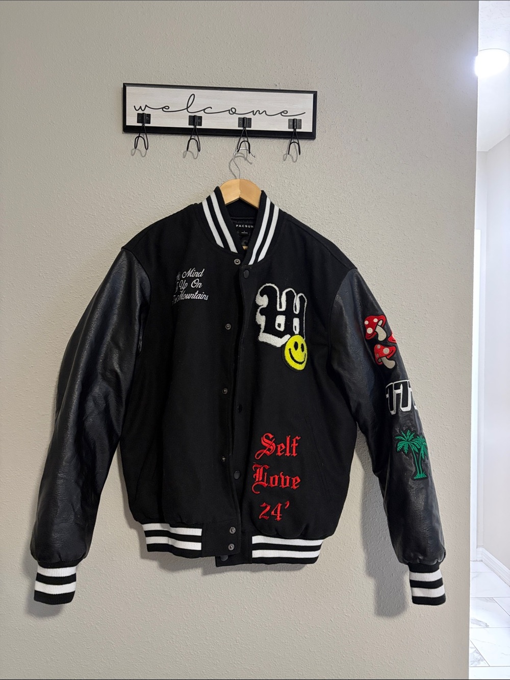 PacSun Black Varsity Bomber Jacket with Embroidered Patches